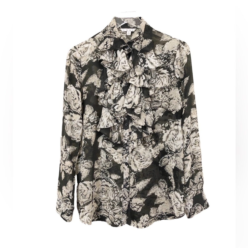 CAbi | Floral Ruffle Neck Black Gray Blouse Small